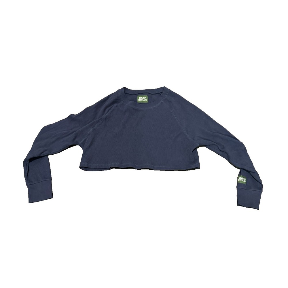 Daily Drills Sweater crop Small Navy blue Crewneck Waffle Knit Thermal Pullover